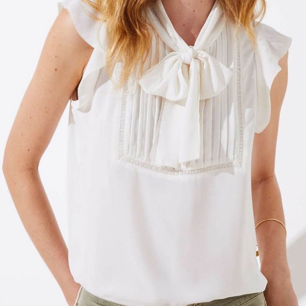 LOFT Cream Sleeveless Top with Ruffle Bow Accent